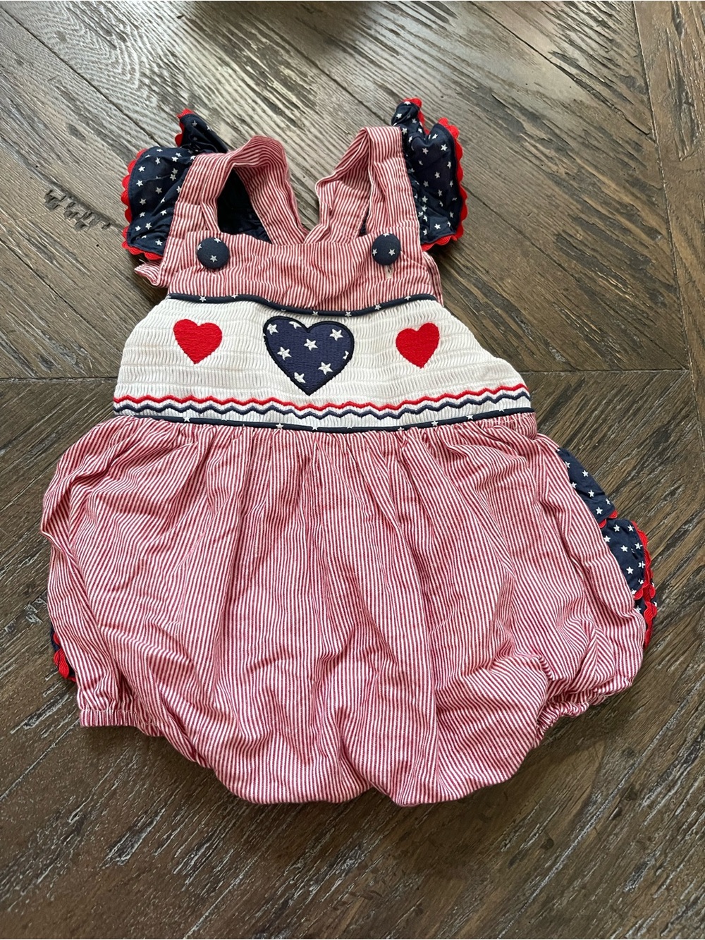 Lil Cactus Patriotic Red & Navy Heart Smocked Bubble Romper Size 6-12M